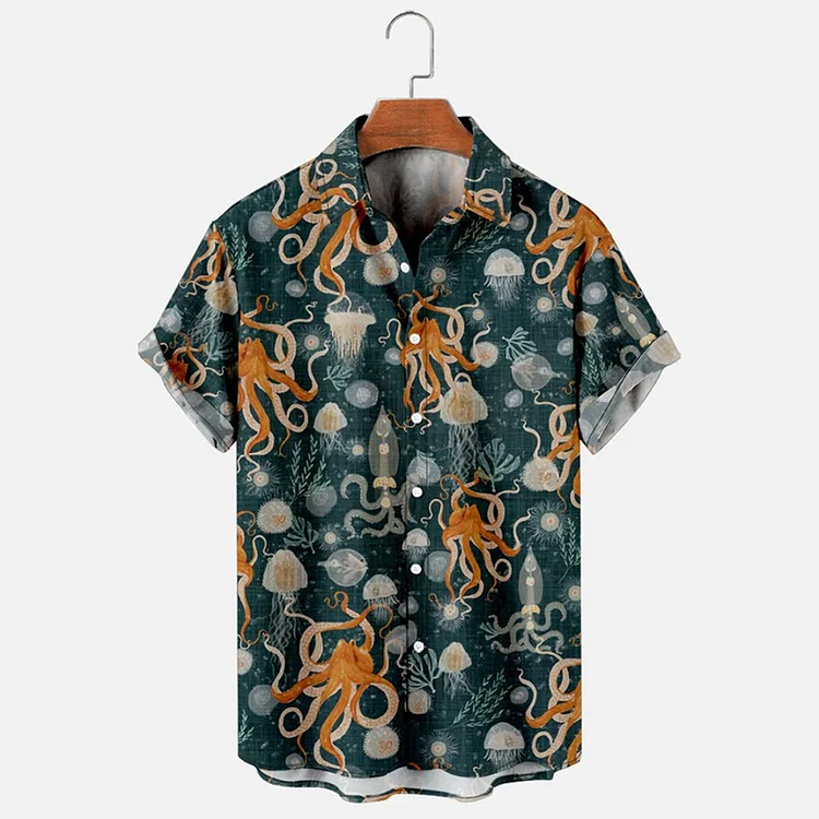 BrosWear Men's Holiday Octopus Printed Short Sleeve  Shirt