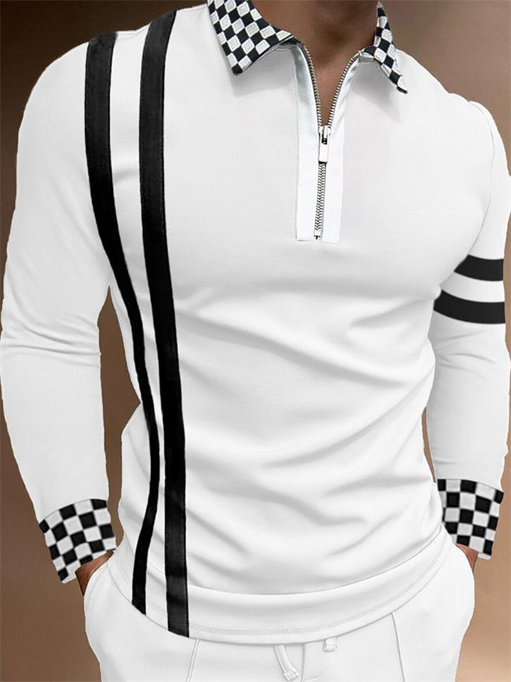 Men's Collar Polo Shirt Golf Shirt Letter Graphic Prints Standing Collar Blue White Outdoor Work Long Sleeve Patchwork Braided Clothing Apparel Cotton Sports Fashion Business Retro / Club / Beach