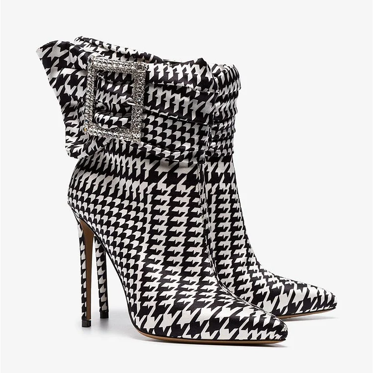Black & White Rhinestone Buckle Pointy Toe Houndstooth Ankle Boots |FSJ Shoes