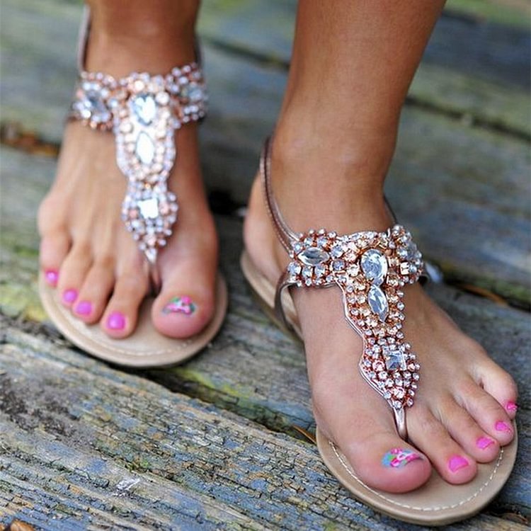 Rose Gold Jeweled Thong Sandals Trending Flat Summer Beach Sandals |FSJ Shoes