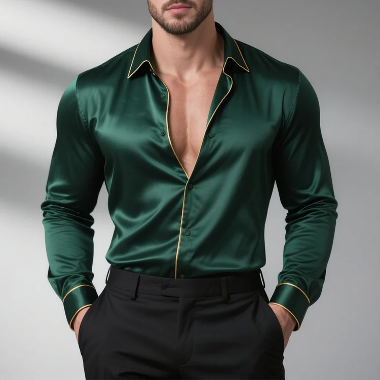 Okaywear Silk Gold Trims Turndown Collar Long Sleeve Shirt 