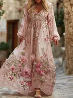 Women's Pink Floral Embroidered Art V-neck Long Sleeve Midi Dress