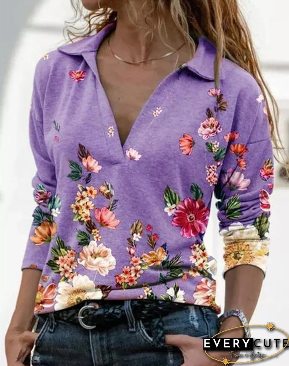 Spring and Autumn Casual Floral Printed Tops Women Fashion Stand Collar Long Sleeve Shirt Pullover Slim Fit Blouses