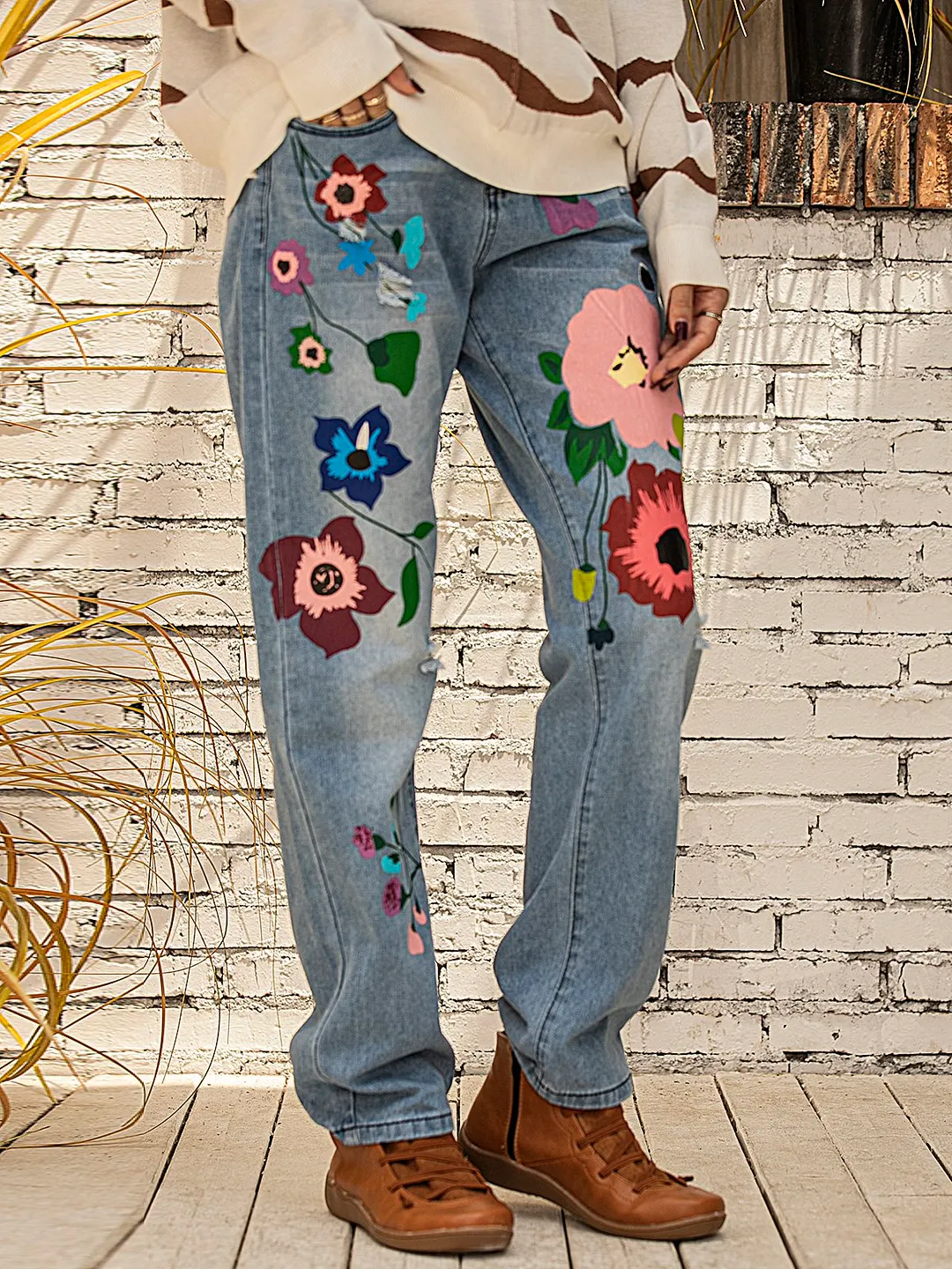 All Season Denim Floral Casual Jeans