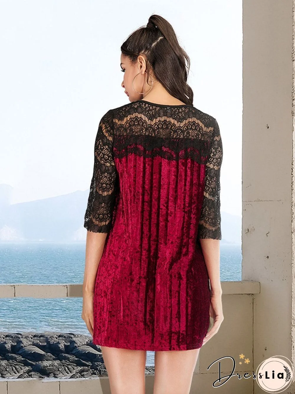 Round Neck Lace Hollow Valvet Shift Dress