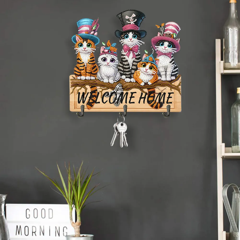 DIY Welcome Home Cat Wooden Special Shape 3 Hooks No Punch Diamond Painting Hook Rail