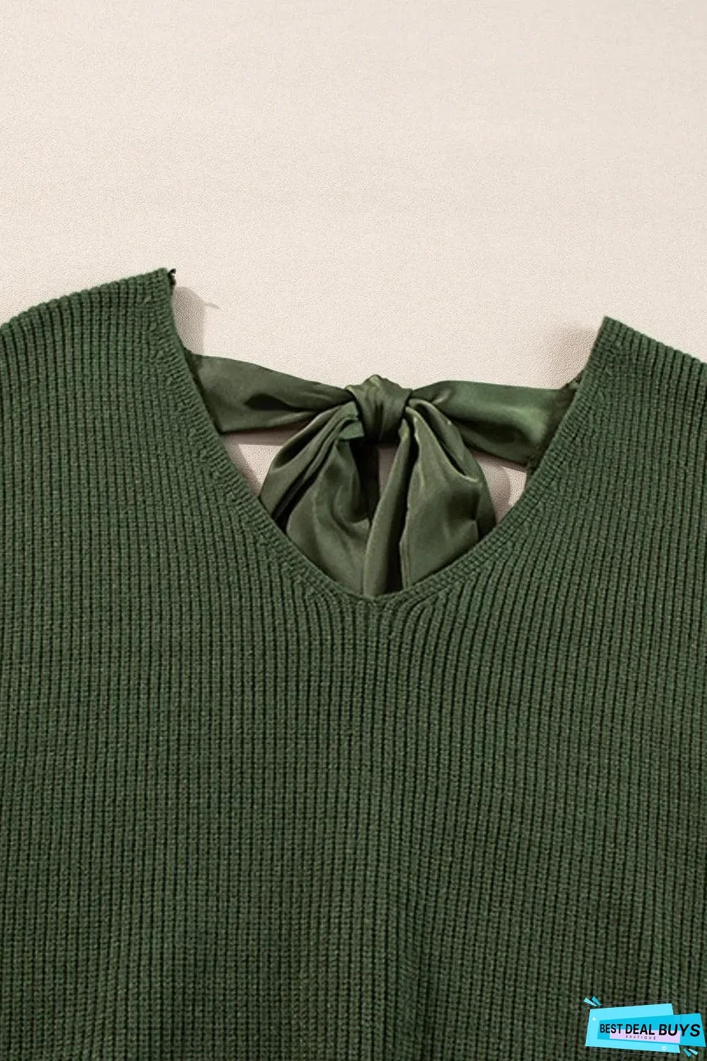 Jungle Green Lantern Sleeve V Neck Knot Back Sweater