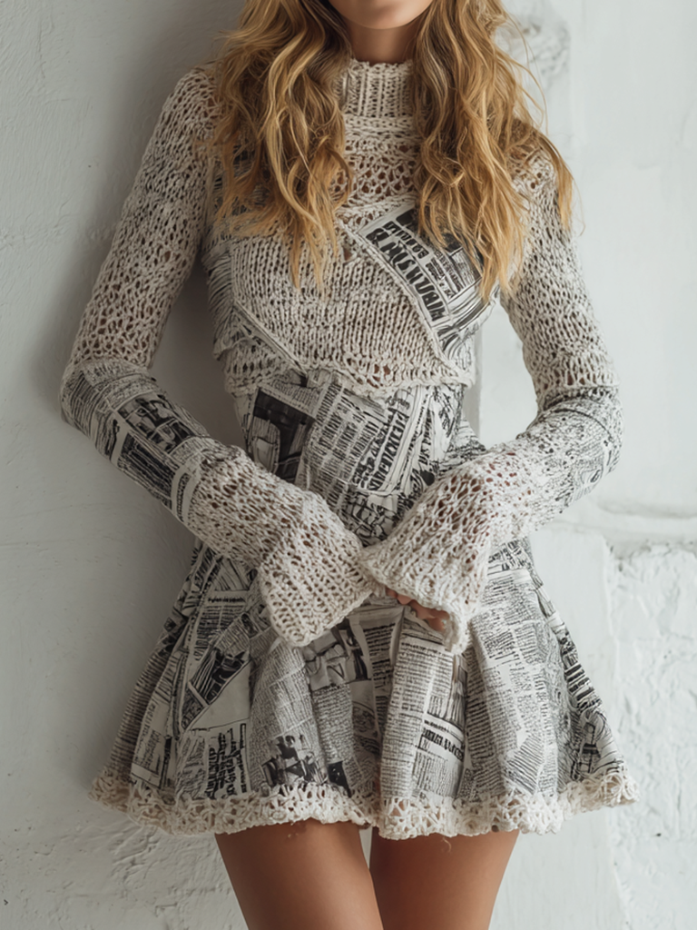 Comstylish Women's Vintage Newspaper Environmental Awareness Art Cozy Knit Mini Sweater Dress