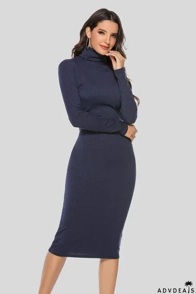 Ribbed Turtleneck Long Sleeve Dress