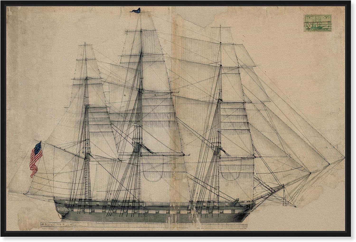The Oliver Gal Artist Co. Coastal 36.0 in x 24.0 in, Antique Nautical Ship, Canvas Wall Art Print, USS Constitution Sail Plan 1817 inch  Living Room, Brown