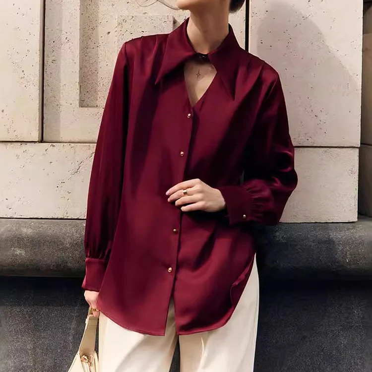 Elegant Bow Tie Neckline Cut Out Long Sleeve Satin Blouse