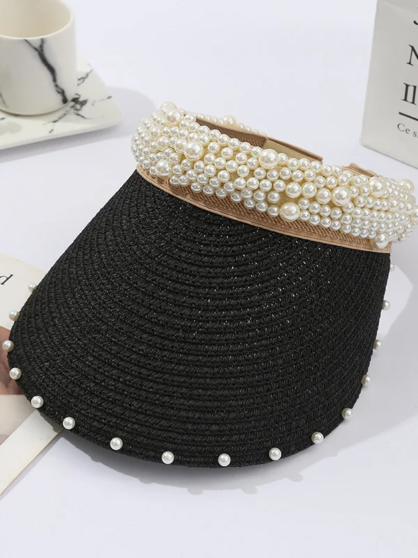 Thin Fashion Pearl Sunshade Topless Straw Hat 