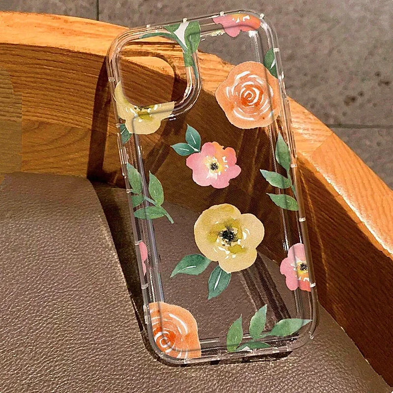 Aonga Purple Flower Printing Clear Shockproof Phone Case for IPhone 11 12 13 14 15 16 Pro Max Mini XR XS X 7 8 Plus SE2 Soft TPU Cover aonga