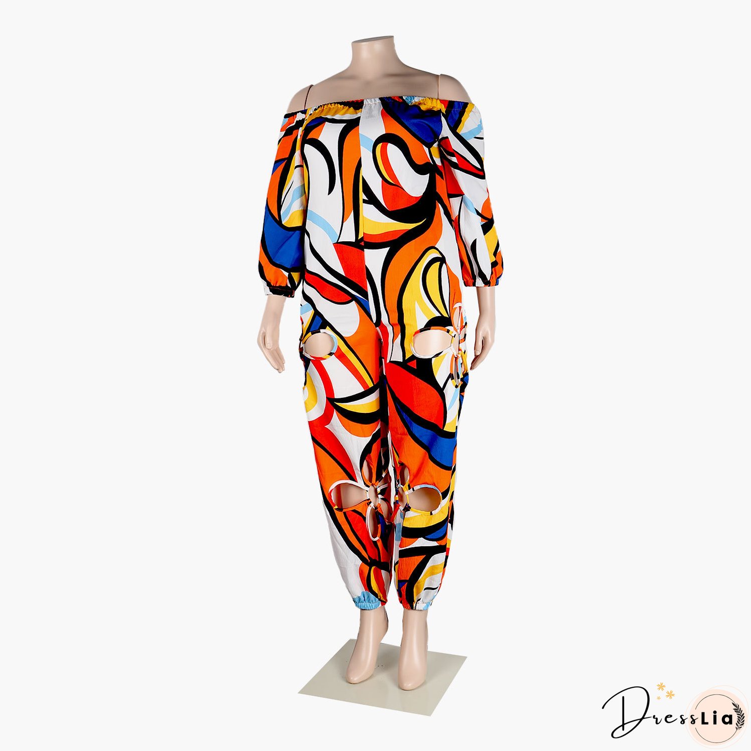 Sexy Slim Low Back Crochet Print Plus Size Jumpsuit