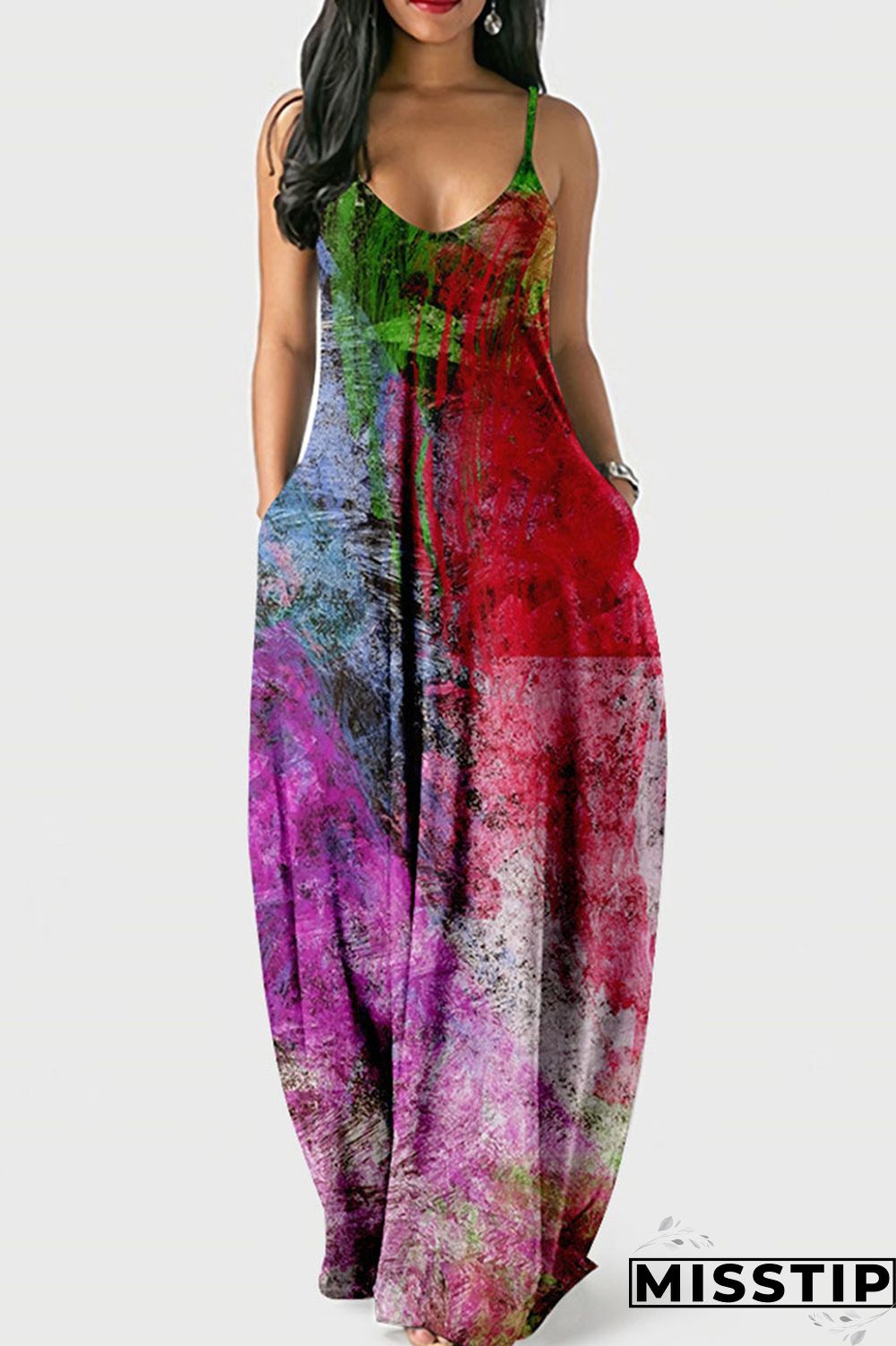 Dark Blue Casual Print Patchwork Spaghetti Strap Sling Dress Dresses