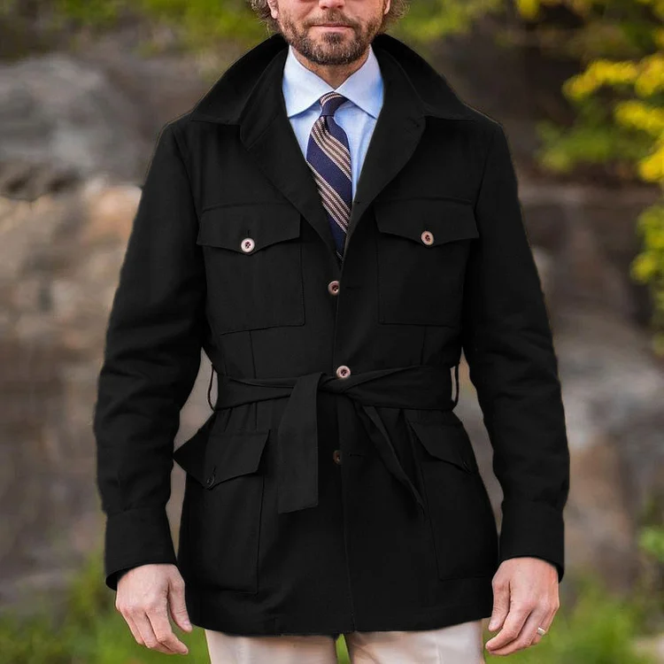 Casual Lapel Collar Button Belt Multi-Pocket Solid Coat