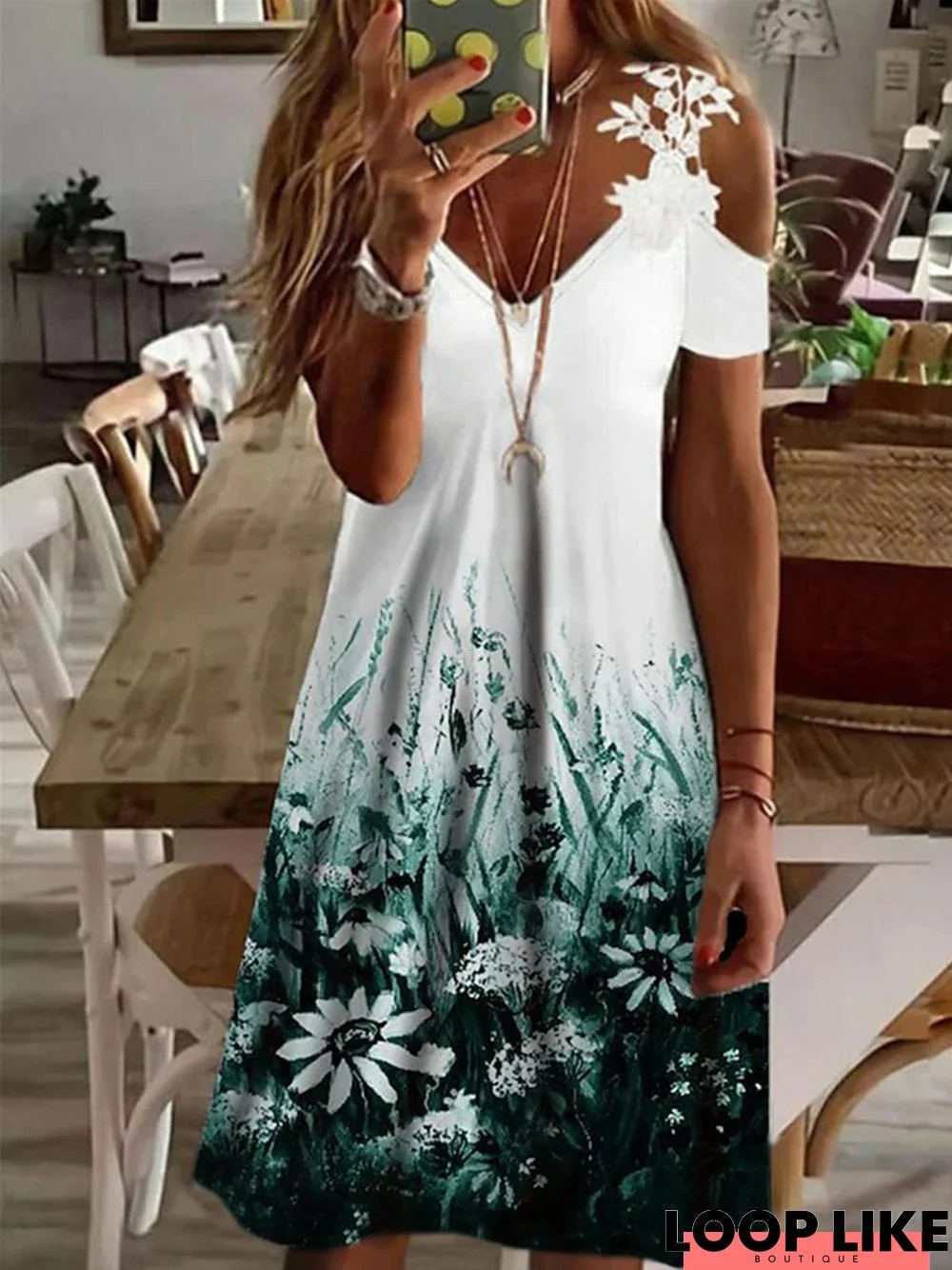 Fit V Neck Casual Floral Short Dress