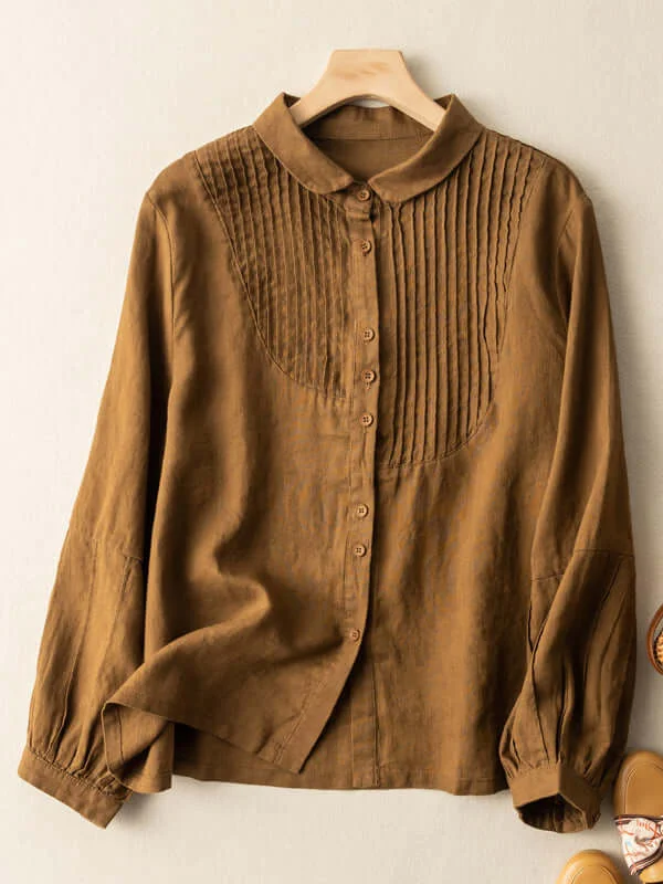 100% Linen Pleated Long Sleeve Casual Shirt In Solid Color
