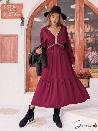 V-Neck Lantern Sleeve Ruffle Hem Dress