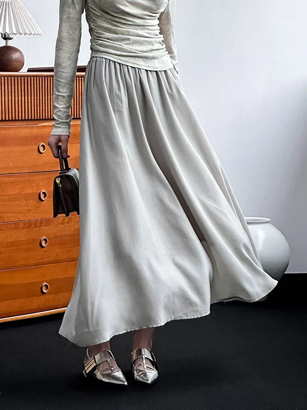 Split-Joint Solid Color Pleated Elasticity Loose High Waisted Skirts Bottoms