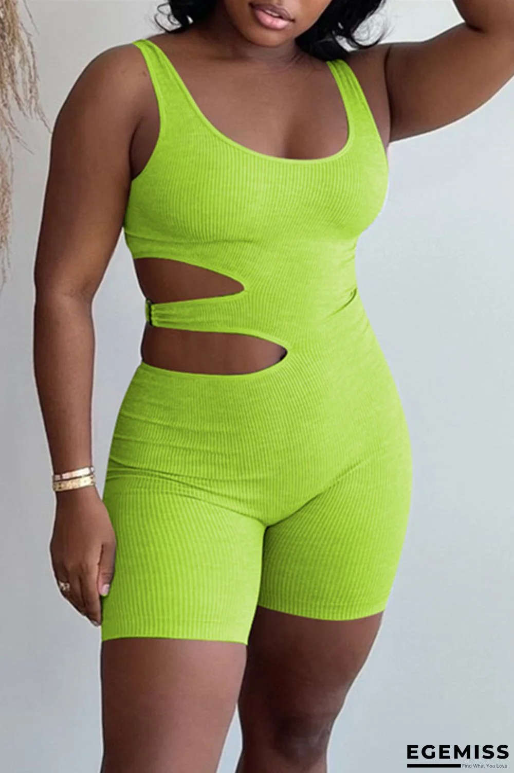 Fluorescent Green Sexy Casual Solid Hollowed Out Backless U Neck Skinny Romper | EGEMISS