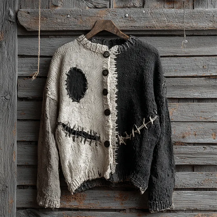Halloween Spooky Face Contrast Stitched Cozy Knit Cardigan