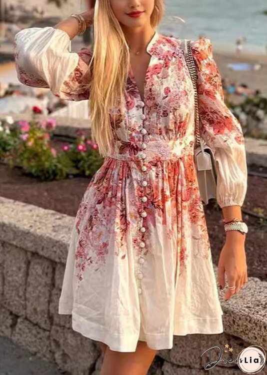 New Beige Print Button Cotton Shirts Dress Long Sleeve