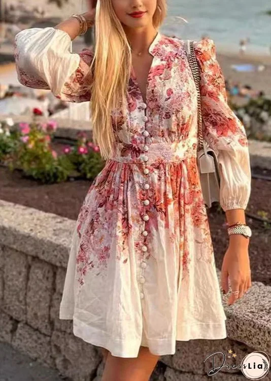 New Beige Print Button Cotton Shirts Dress Long Sleeve