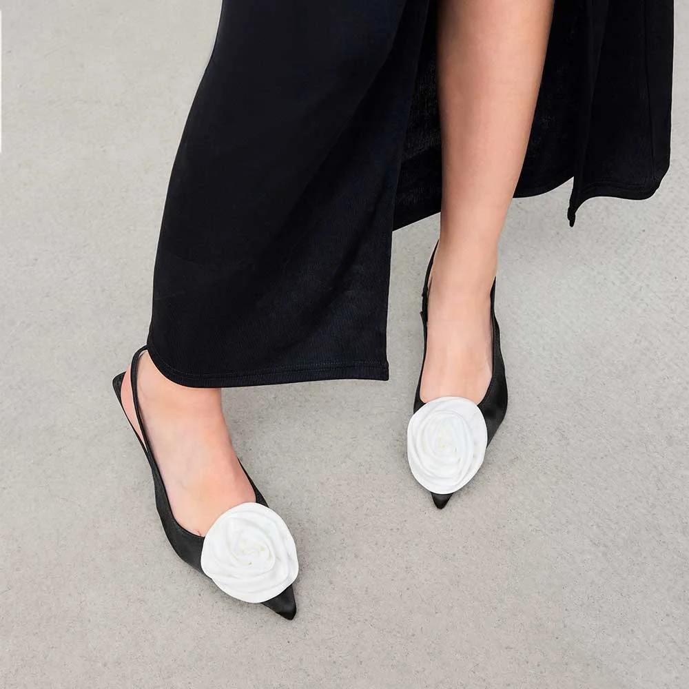 Satin Pointed Toe Rose Decor Stiletto Heel Black Pumps for Women