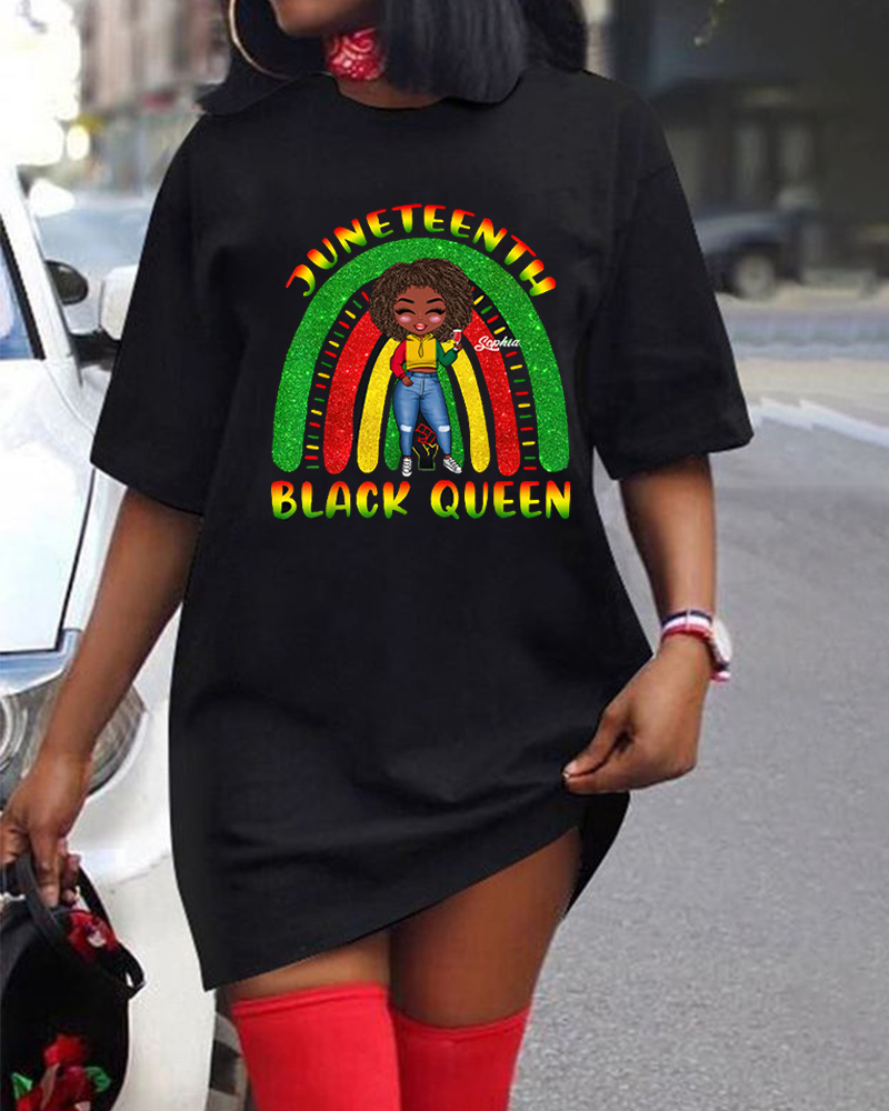 Juneteenth Rainbow Black Girl Letter Print Short Sleeve Ladies Dress