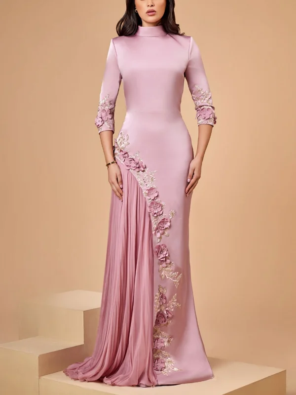 Satin Pleated 3D Flowers Gown
