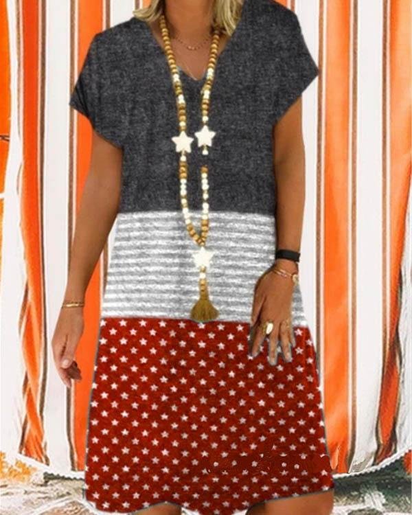 Women V-Neck Stitching Color Star Printed Short Sleeve Summer Dress