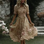 Women's Floral Art Print Flowy Linen Blend Casual Short Sleeve Maxi Dress - Image 5