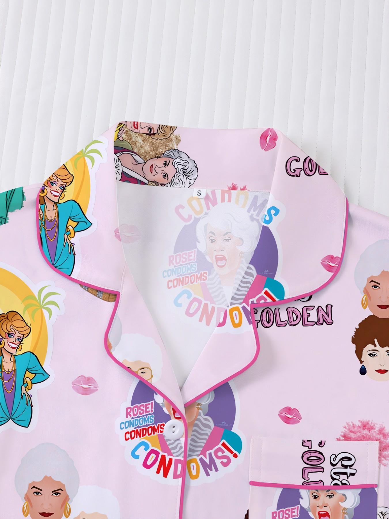 Golden Girl Sleepwear Loungewear Set, Full Print Pajamas Pjs for Women, Lapel Short Sleeve Shorts, Matching Couple & Holiday Home Wear