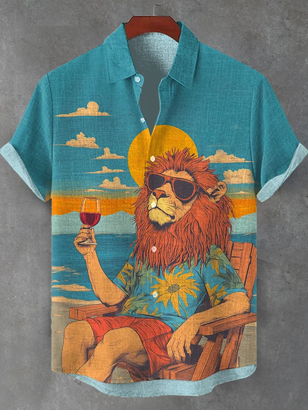 Men's Lion Holiday Red Wine Chilling Sunrise Art Print Shirt