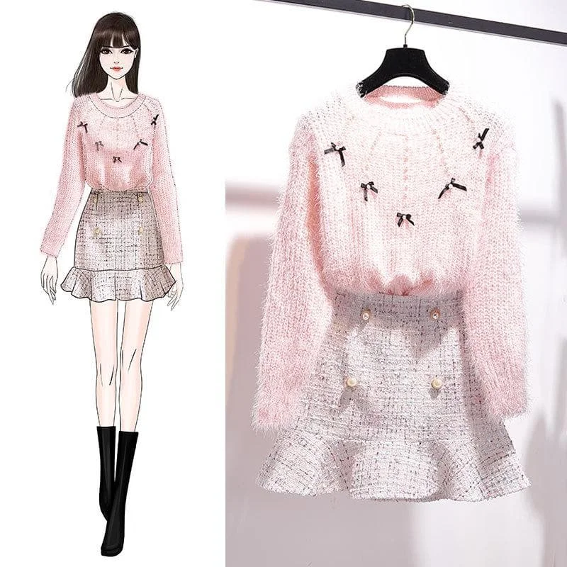 Pink Sweet Bow Sweater Falbala Skirt Outfits SP14650