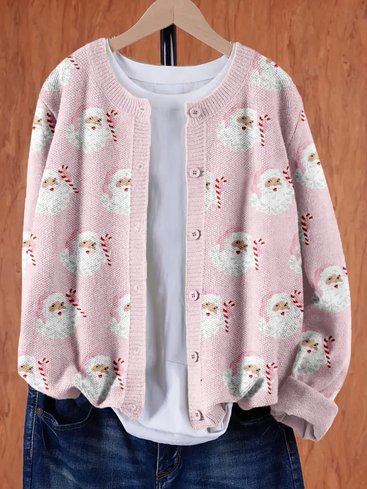 Pink Christmas Santa Graphic Cozy Cardigan