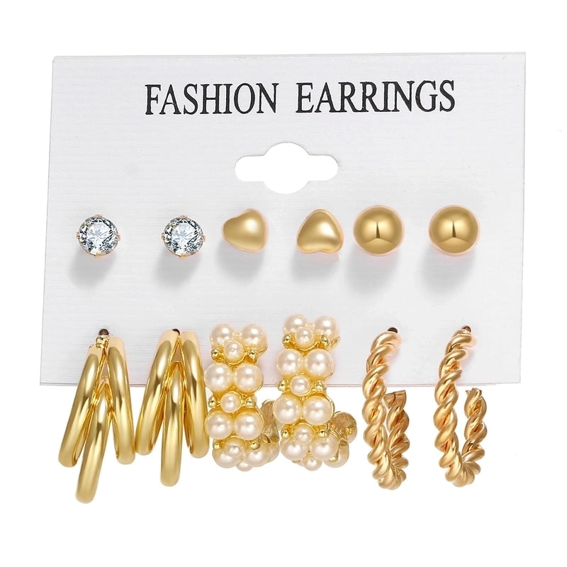 Retro Round Alloy Plating Artificial Pearls Women’s Earrings Ear Studs 6-piece Set