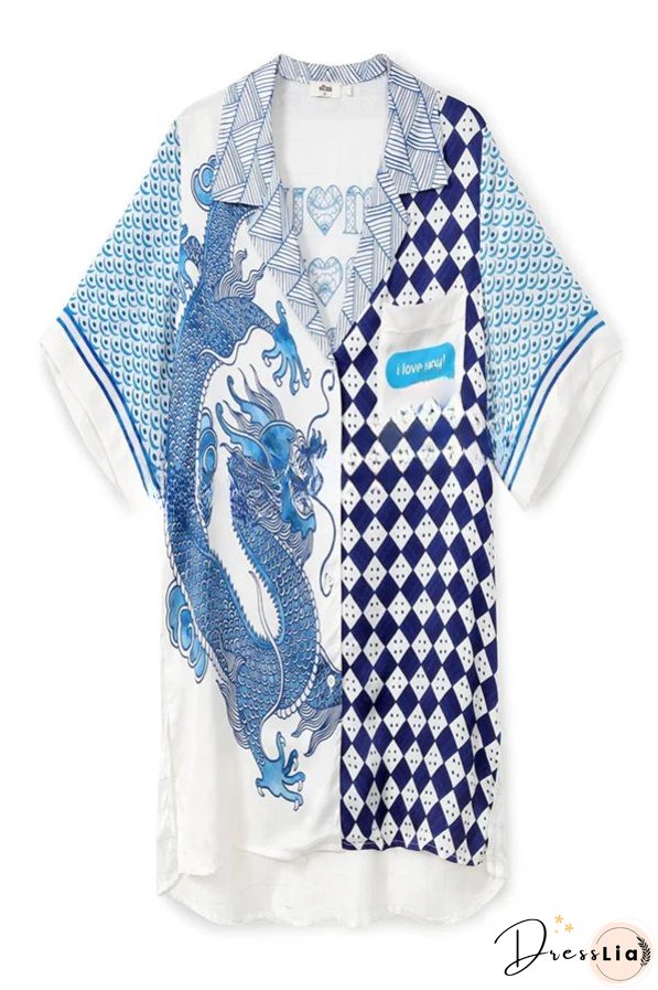 Unique Dragon Print Short Sleeve Loose Shirt and Elastic Waist Pocket Pants Set