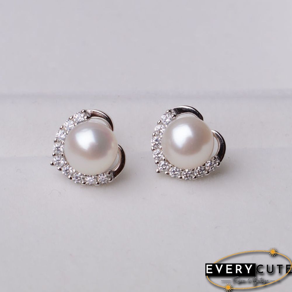 Trendy Fashion Women's S925 Silver Exquisite Pearl Heart-shaped Diamond Crystal Earrings Prevent allergy Jewelry