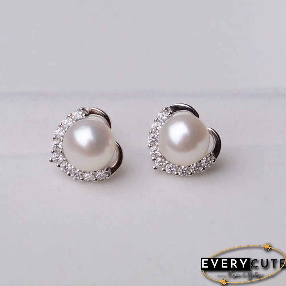 Trendy Fashion Women's S925 Silver Exquisite Pearl Heart-shaped Diamond Crystal Earrings Prevent allergy Jewelry