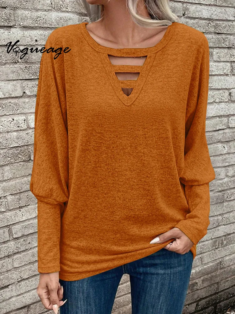 Hollow V-Neck Solid Color Casual Long-Sleeved T-Shirt