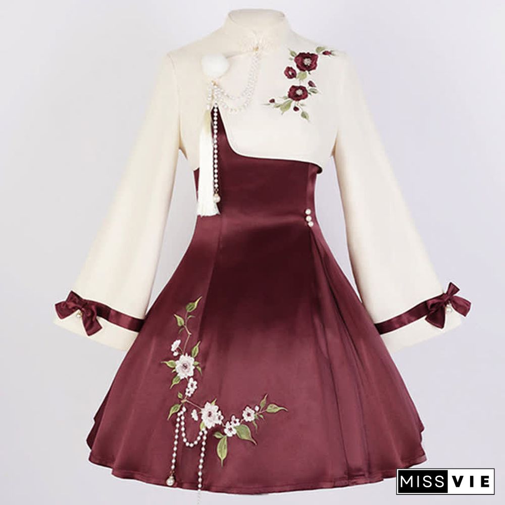 Vintage Blossom Embroidery Pearl Chain Top Slip Dress