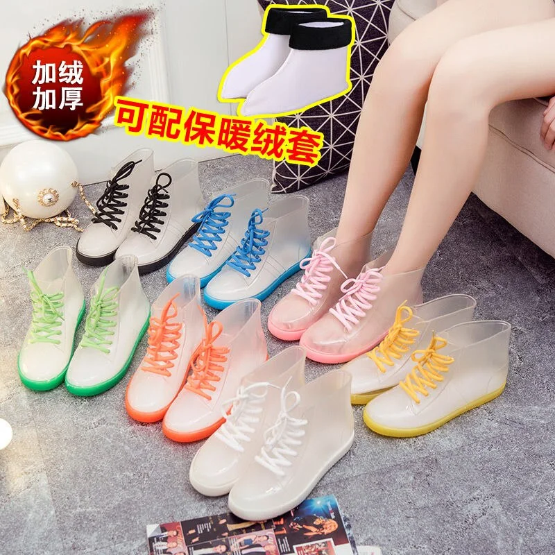 Jelly Transparent Anti-Slip Fashion Waterproof Shoes Rainshoes Rain Boots Shoe Cover Woolen Cotton Rubber Boots Female Short