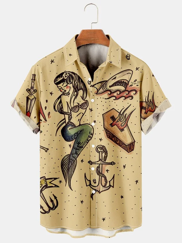 Men's Hawaiian Mermaid Ocean Element Retro Print Casual Breathable Short Sleeve Shirt