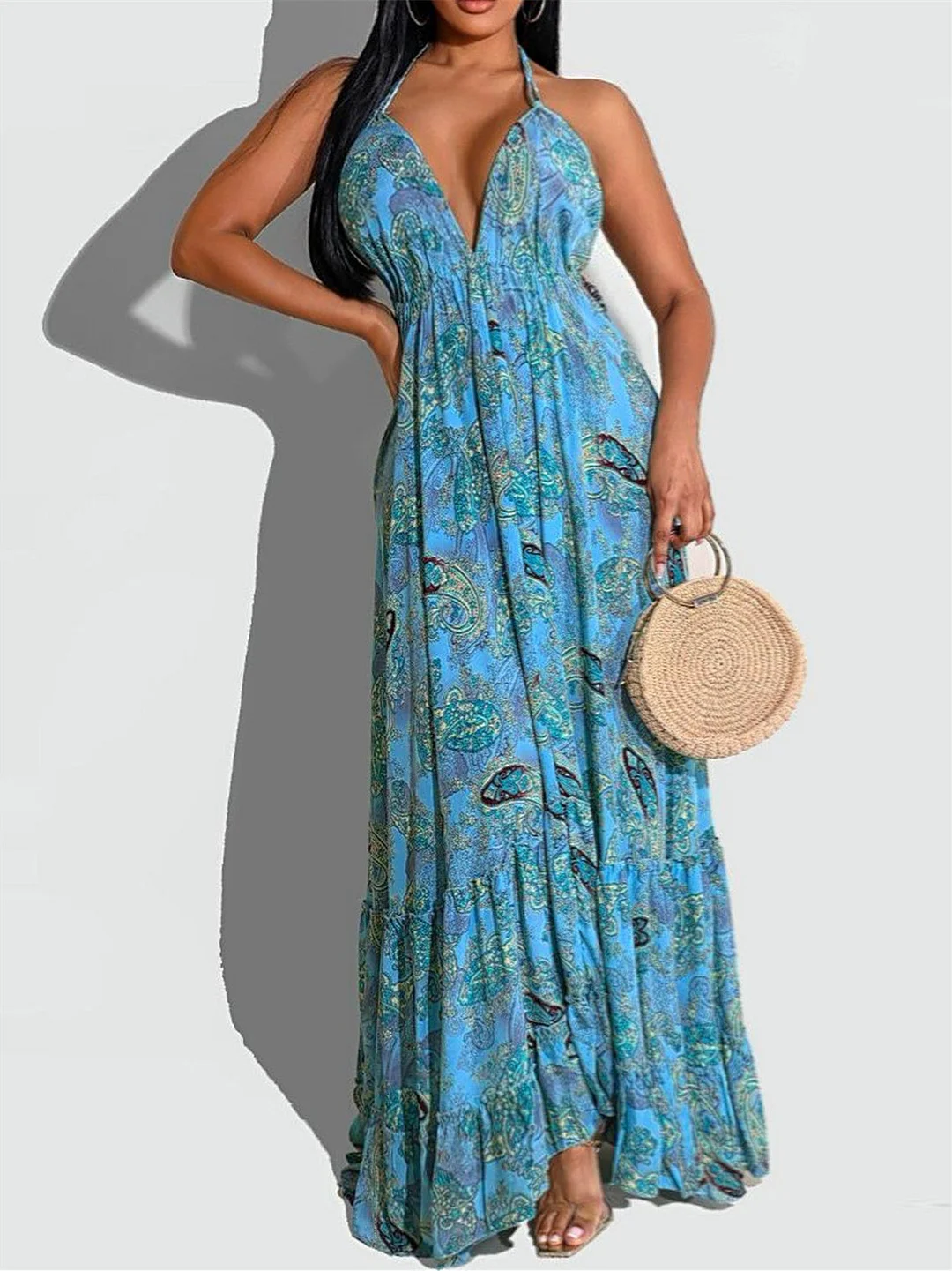 Women's Sleeveless V-neck Graphic Printed Maxi Dress