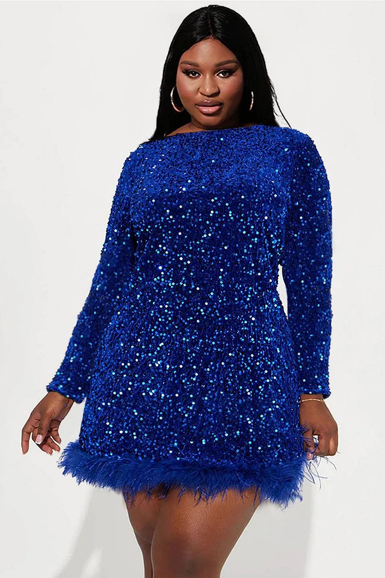 Xpluswear Design Plus Size Party Dress Royal Blue Round-Neck Long Sleeve Sequin Feather Mini Dress [Pre-Order]