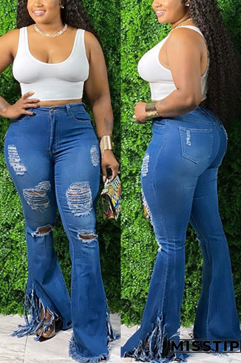 Dark Blue Denim Zipper Fly Mid Solid Tassel Hole Boot Cut Pants Bottoms