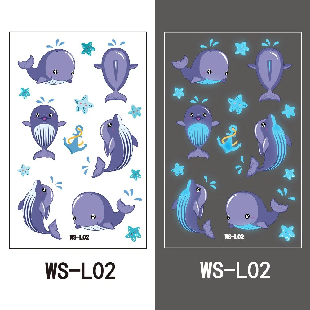 Luminous Night Temporary Tattoo Sticker Children Cartoon Stars Dolphin Butterfly Car Animal Waterproof Body Art Kids Fake Tatoo