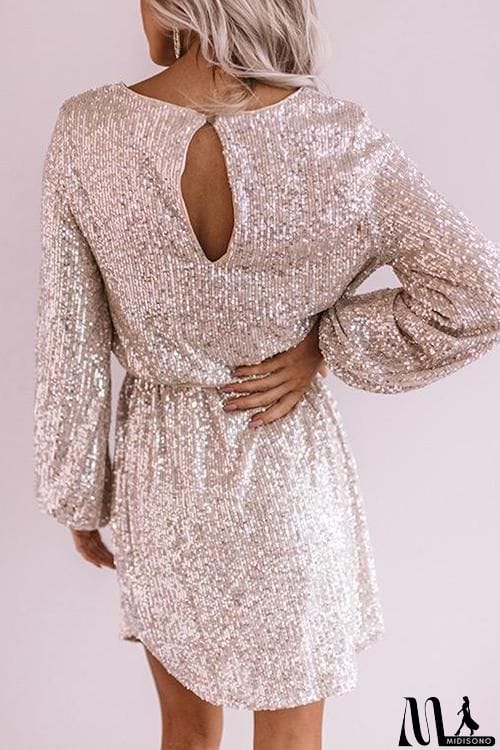 MidiSono - Sequin Belted Long Sleeve Mini Dress